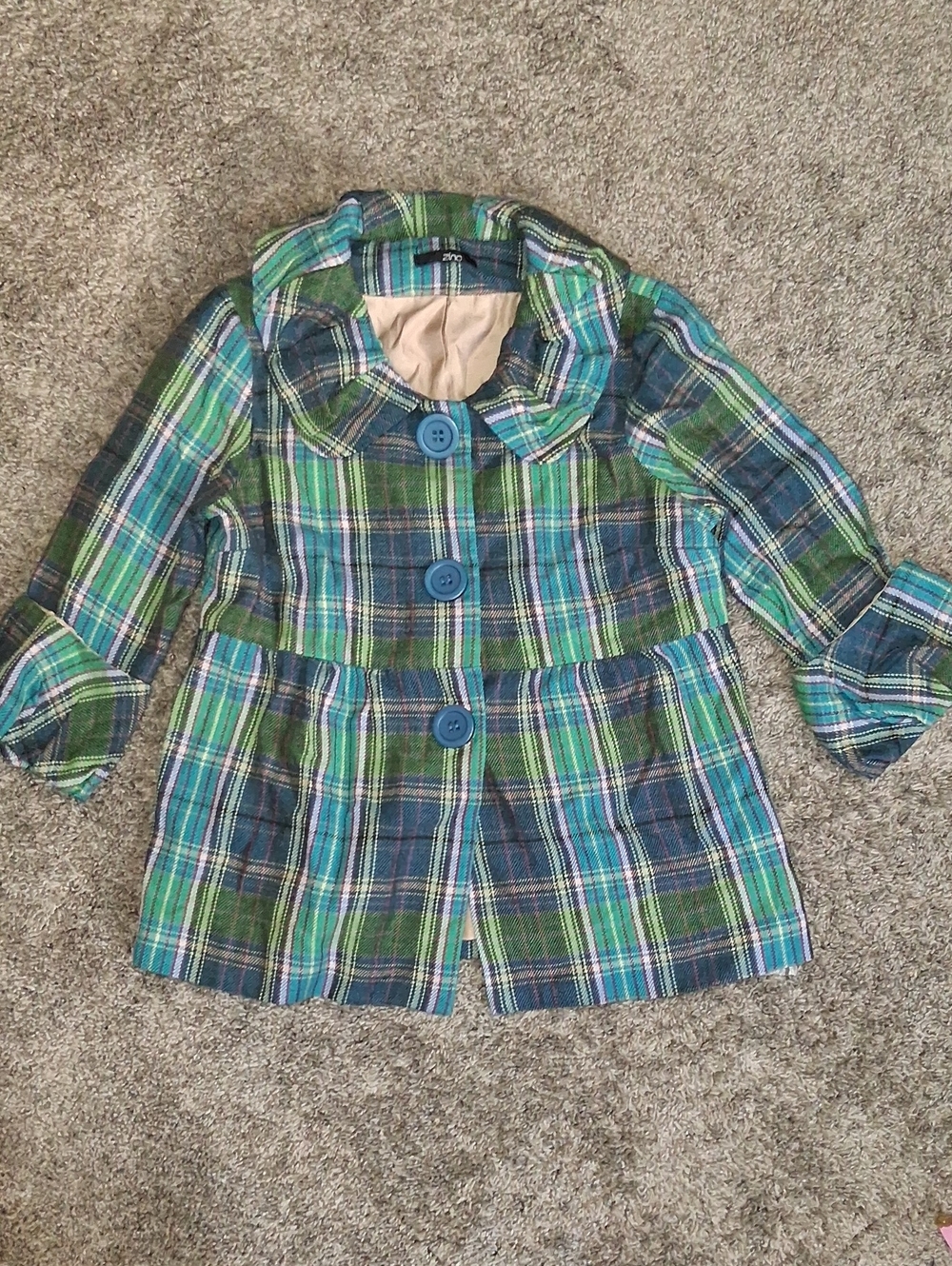 Zinc Wool Blend Plaid Babydoll Pea Coat - Ruffle Rounded Collar - M - Blue